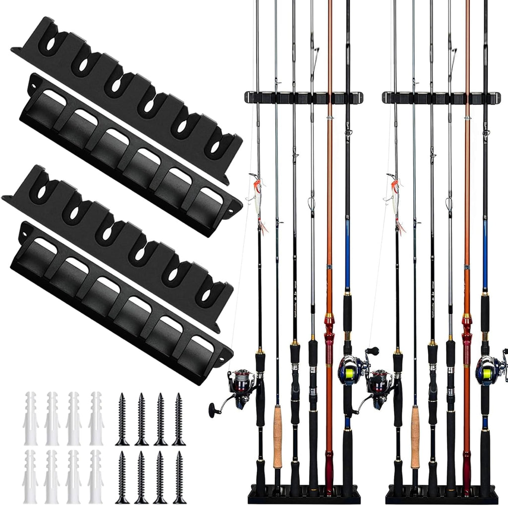 2-Set Vertical Fishing Rod Holders Wall-Mounted Holds 12 Rods or Combos