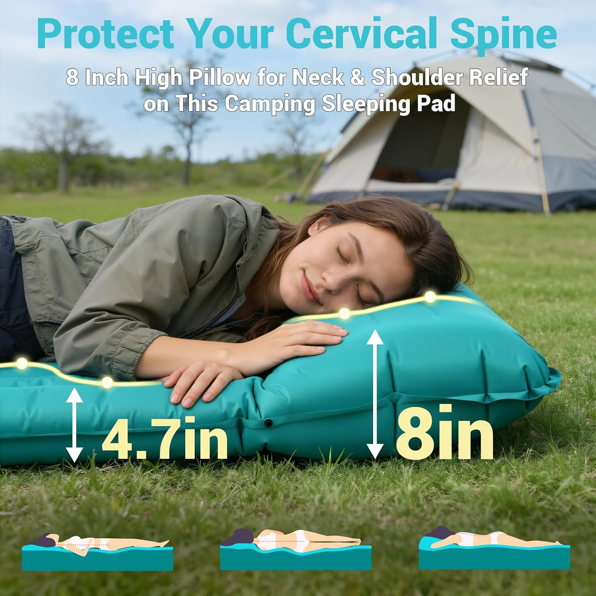 Camping Sleeping Pad, 4.7 In Thick Inflatable Sleeping Mat with 8 In Pillow