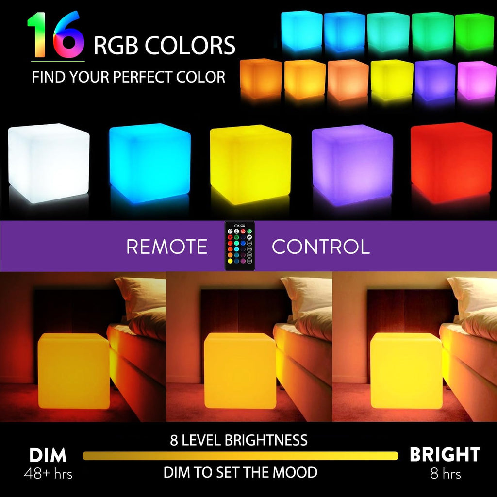 Mr.Go 16-inch LED Cube Chair Light, Rechargeable RGB Colors Glow Cube Seat