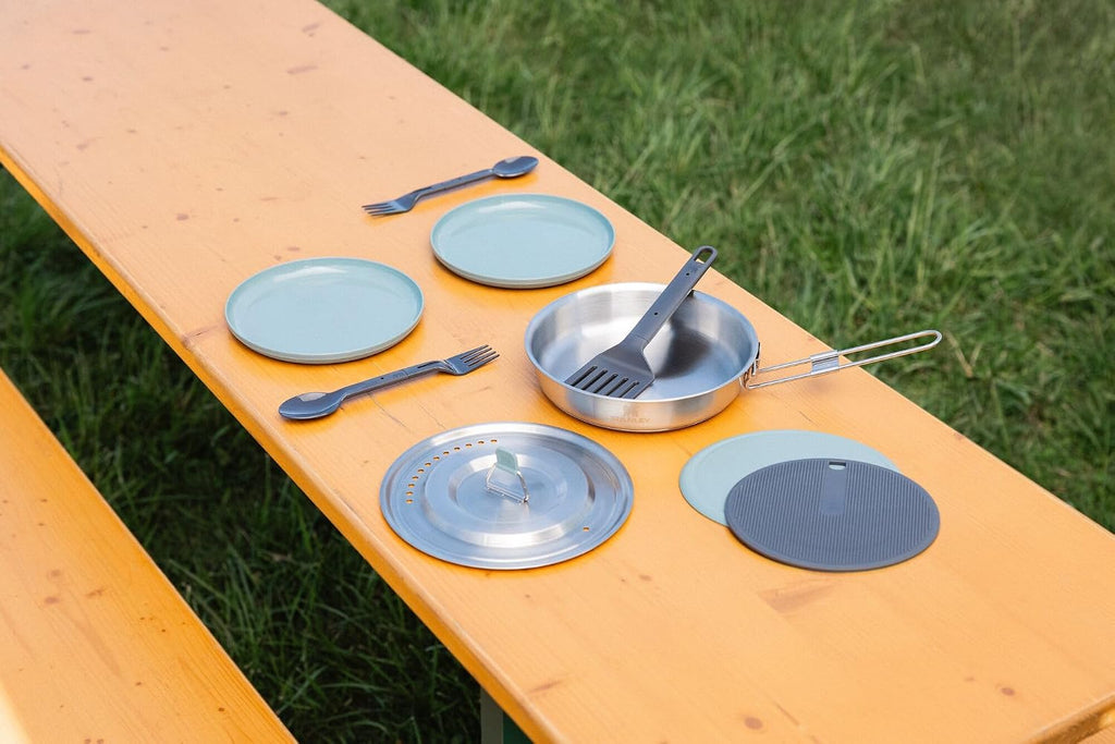 Stanley Wildfare Core 12-Piece Stainless Steel Fry Pan Cook Set | 1 qt Fry Pan with Fold & Lock Handle | Plates, Utensils, Spatula | Camping Essentials for Your Camp Kitchen | BPA-Free