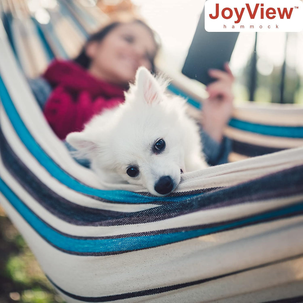 JoyView Brazilian Hammock for Single Person Portable Hammock with Hanging Ropes & Carry Bag Large 78.8x39.4” for Patio 300LBS Capacity Perfect for Outdoor/Indoor - Blue Stripes