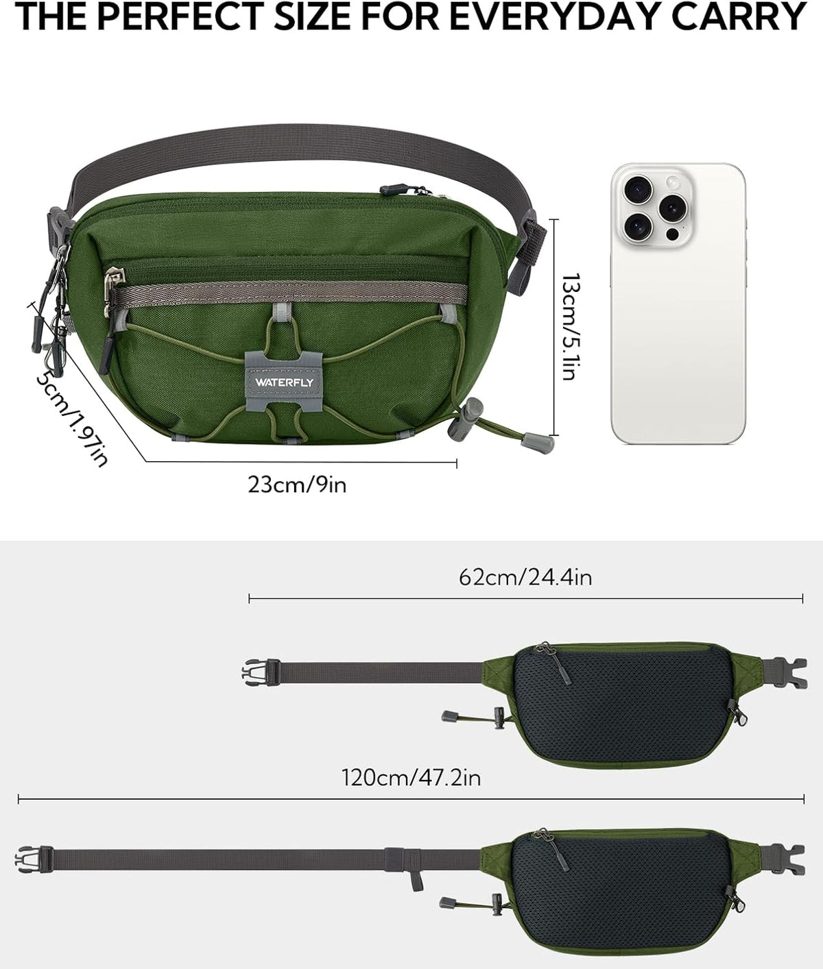 WATERFLY Small Fanny Pack RFID Blocking Travel Hiking Crossbody Waist Bag