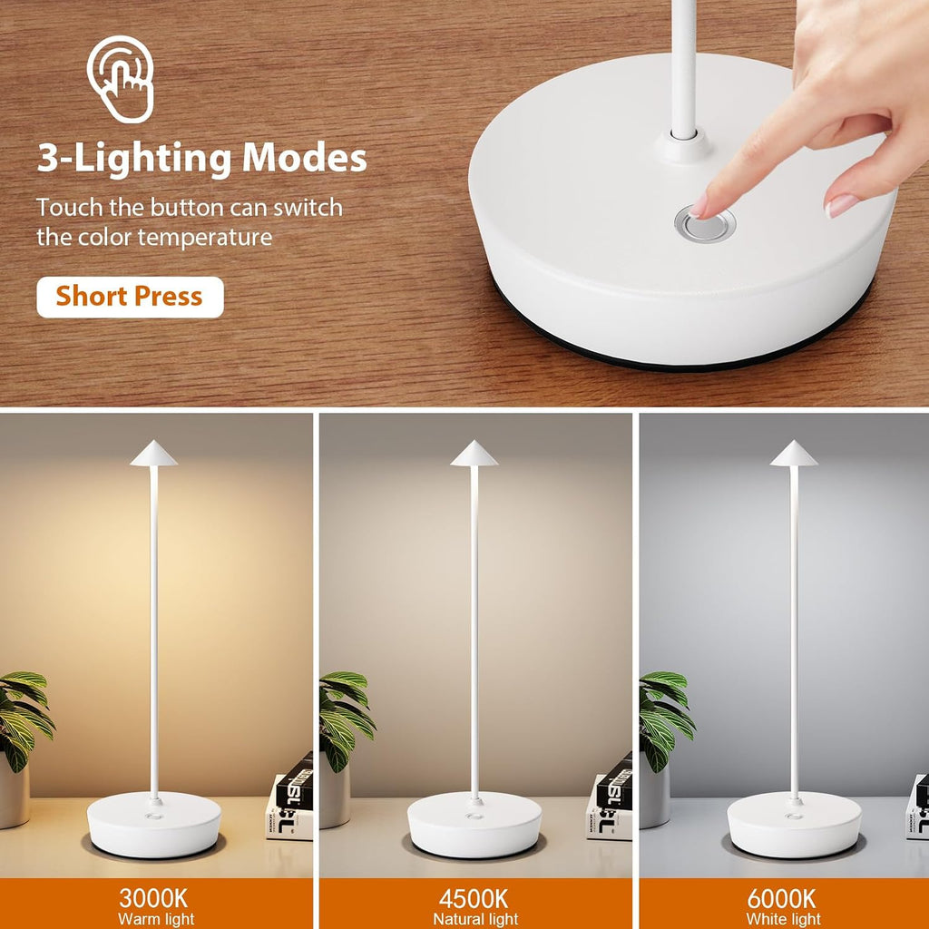 2Pack Rechargeable Cordless Table Lamp, Portable Powered LED Battery 6000mAh Metal USB Desk Lamp, 3 Levels Brightness Light for Restaurants Outdoor (2pack White)