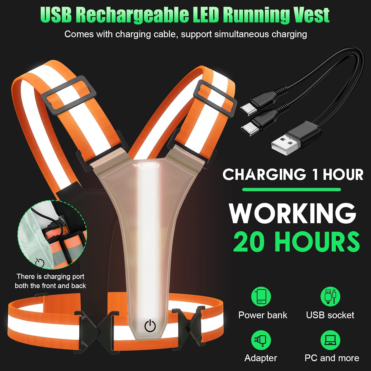 LED Reflective Vest Running Gear 5 Colors Light Up Reflective Running Vest