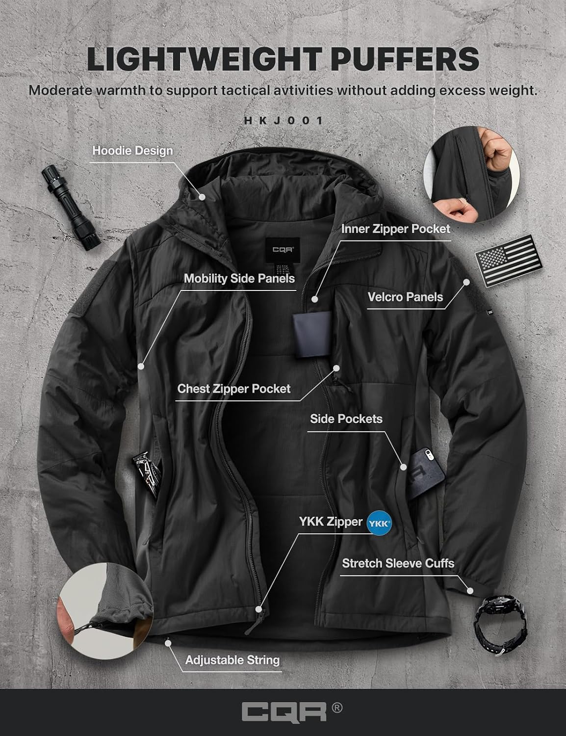 CQR Men's Lightweight Warm Insulated Jacket, Windproof Water Resistant Winter Active Coat for Hiking Work Outdoor Tactical