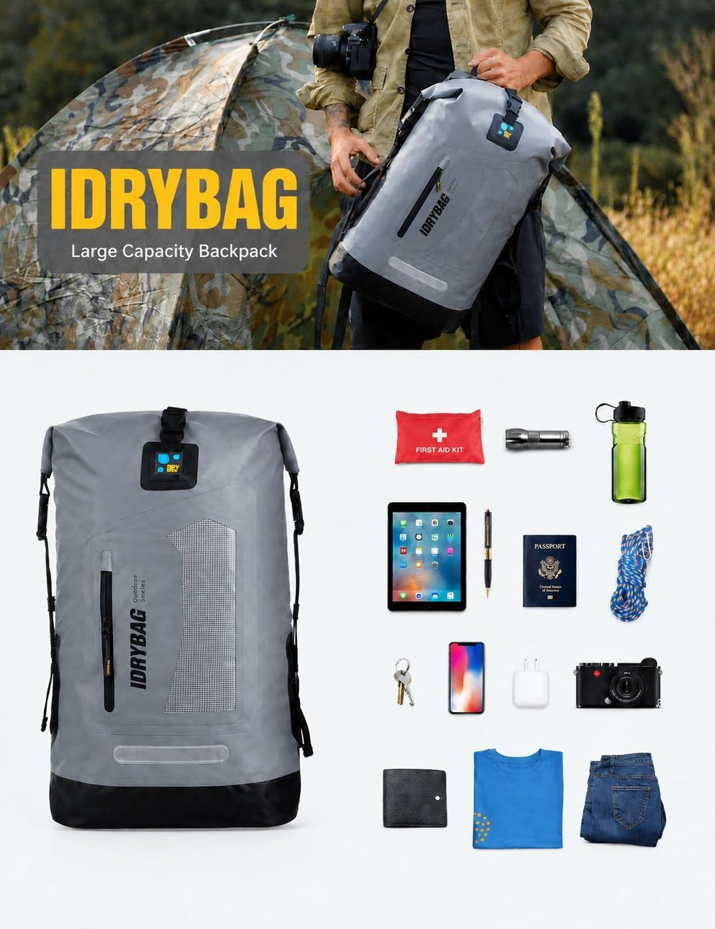 dry Waterproof Backpack and Dry Bag 20L/30L/40L, Floating Bag for Men, Kayak, Gray, 30L, Hiking Backpack