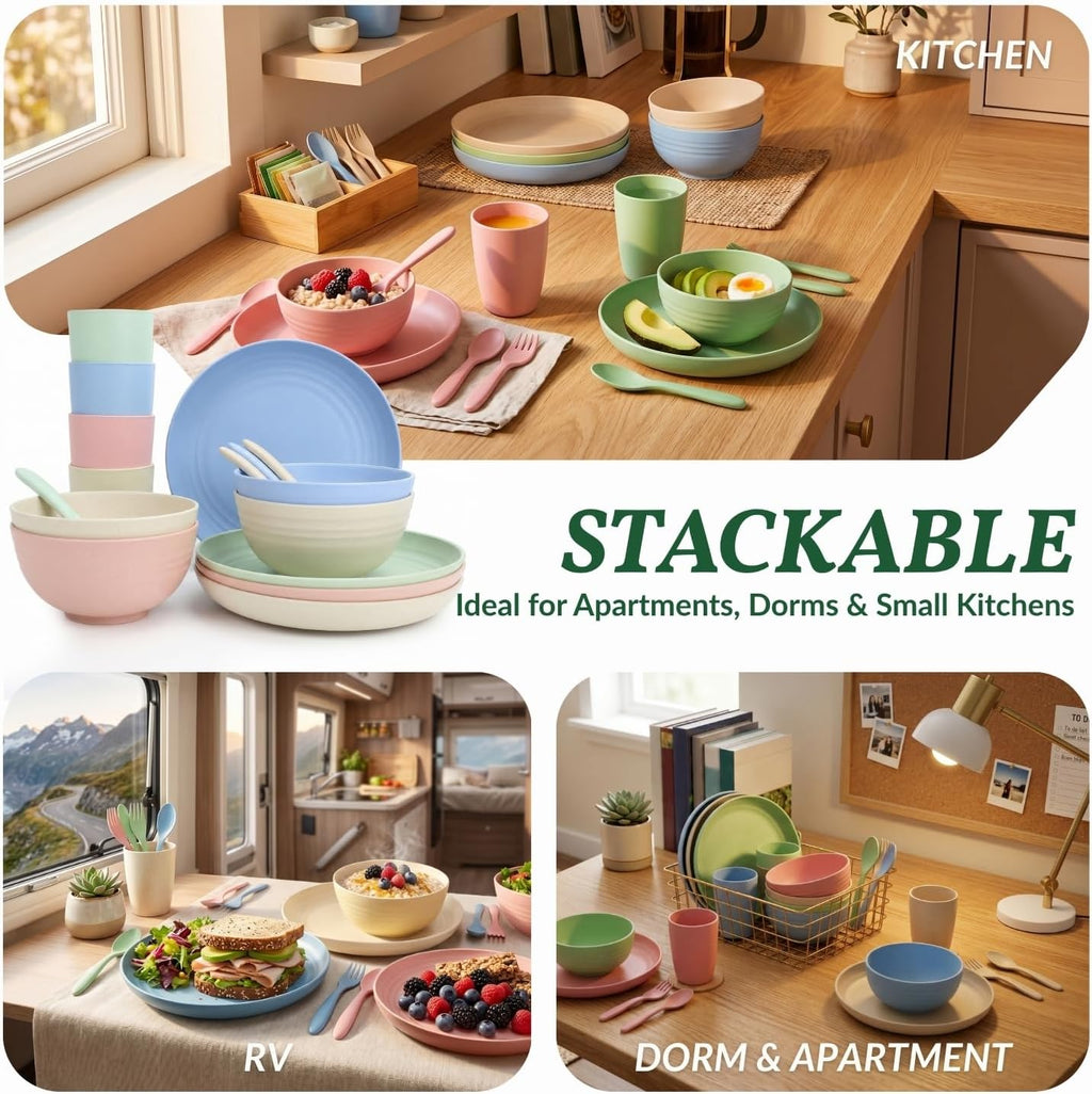 Homienly Wheat Straw Dinnerware Sets 20 PCS Cups and Plates Sets for Kitchen Microwave and Dishwasher Safe Plate Set Unbreakable Camping Dish Set Kids Plates and Bowls Sets for Picnic, RV (Multilight)