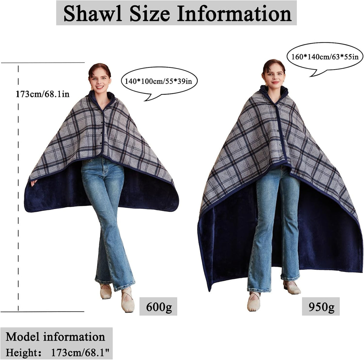 forestfish Fleece Wearable Blanket Oversized, Comfy Lightweight Lap Blanket Poncho Throw With Buttons, 63“x 55” (Navy-gray, Medium(55”x39”))