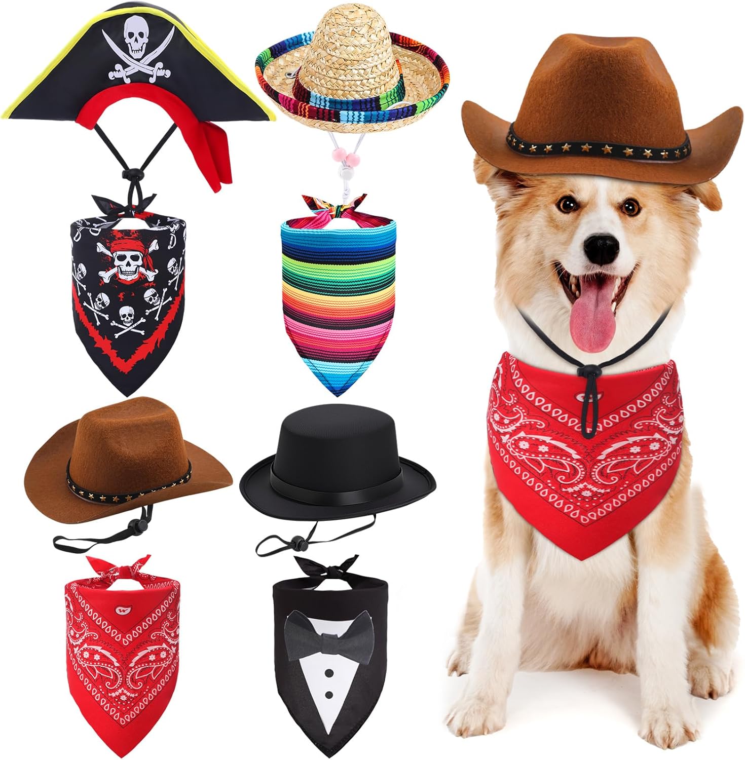 Eccliy 4 Sets Dog Costume Hat Bandana Pirate Cowboy Sombrero Tuxedo