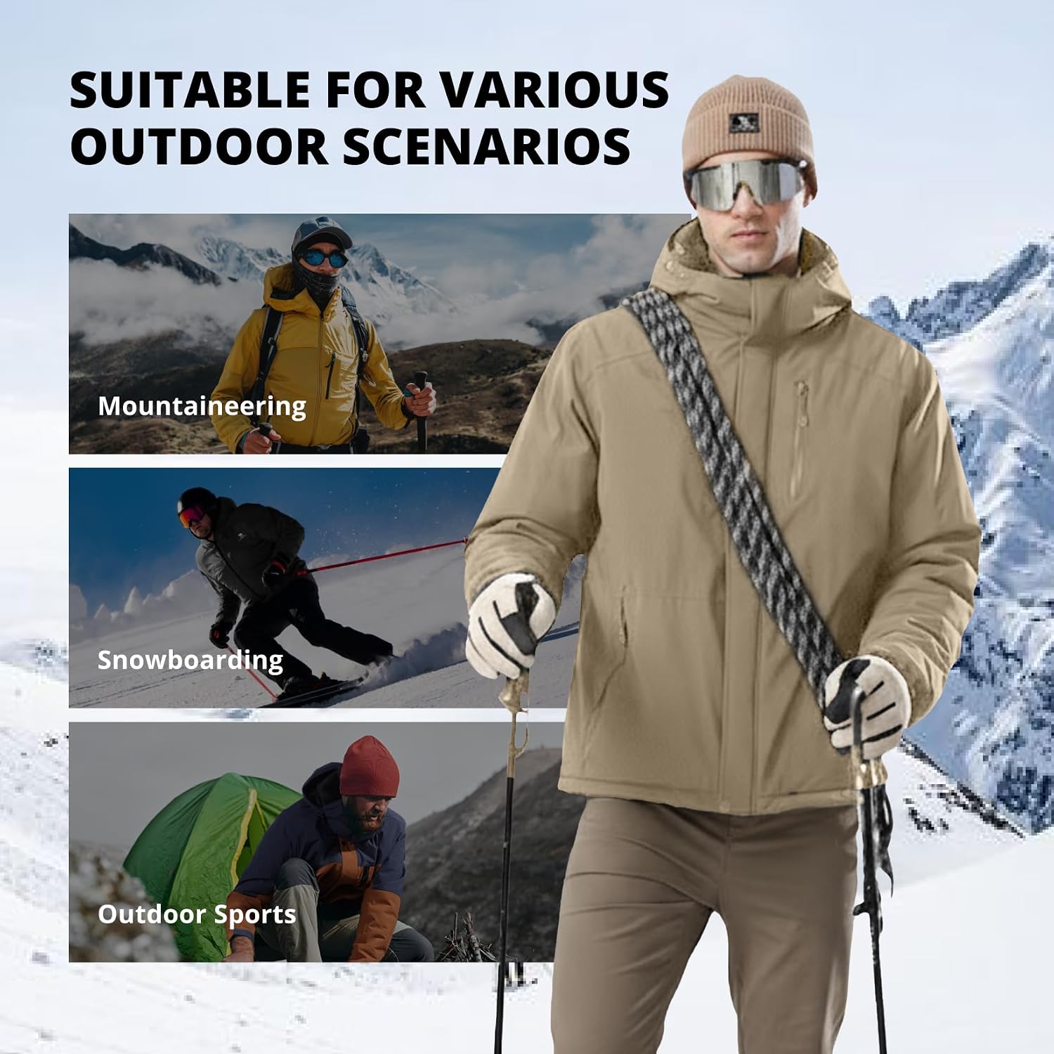 CAMELSPORTS Mens Winter Jacket Waterproof Warm Snow Ski Jackets Faux Fur Fleece Rain Coats with Removable Hood