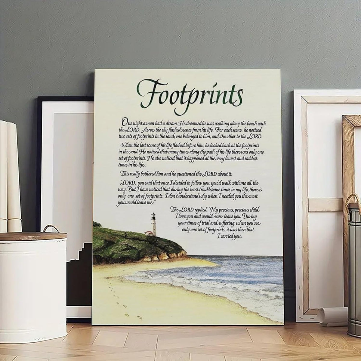 Footprints in the Sand Religious Canvas Wall Art Posters, Inspirational Beach Sunset Poem Print Poster (Framed 20x30inch, Footprints(5))