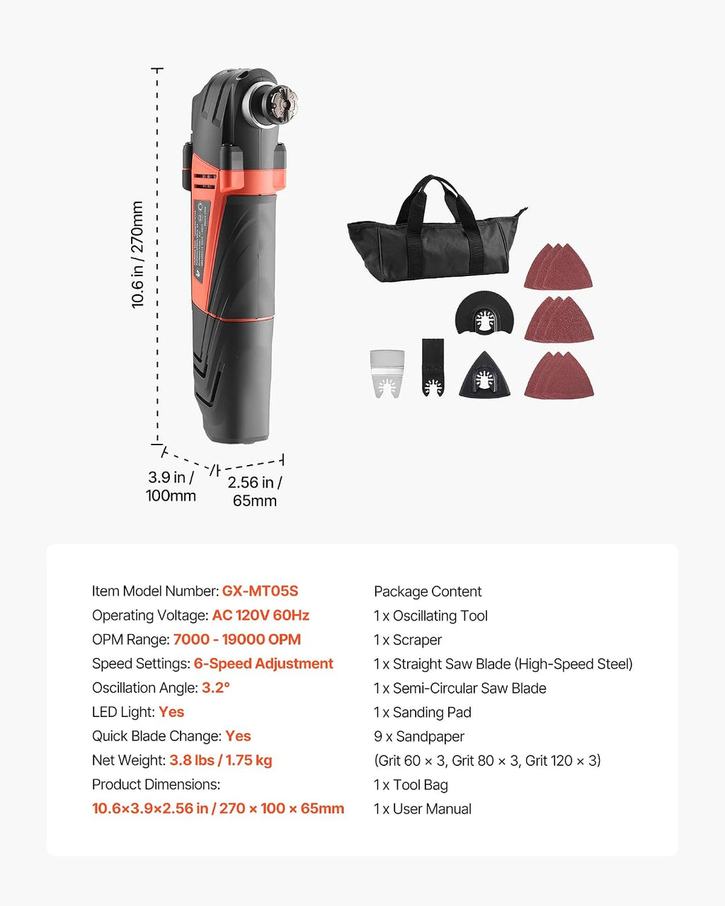 VEVOR Oscillating Tool Multitool, 4Amps Electric Oscillating Multi Tool Corded with 6 Variable Speeds 7000-19000 OPM, 3.2° Oscillating Angle, 13PCS Saw Accessories, LED Work Light & Tool Bag