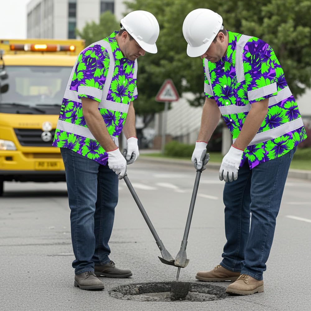 High Visibility Hawaiian Shirt for Men Tropical Shirts Custom Name Floral Outfit Reflective Safety Workwear