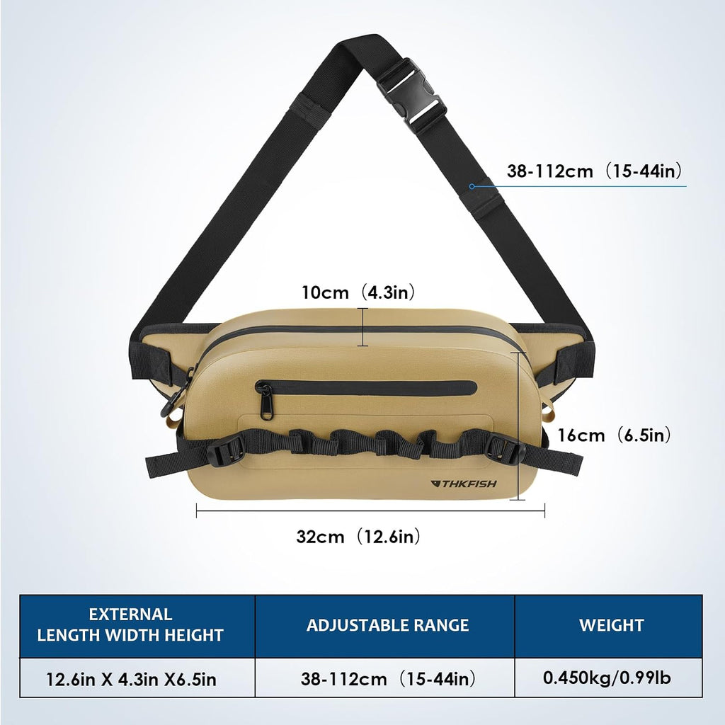 THKFISH Waterproof Fishing Waist Pack, Large Fishing Tackle Bag with Adjustable Strap, Airtight Zipper Closure, Lightweight Sling Fishing Waist Bag for Fly Fishing, Brown