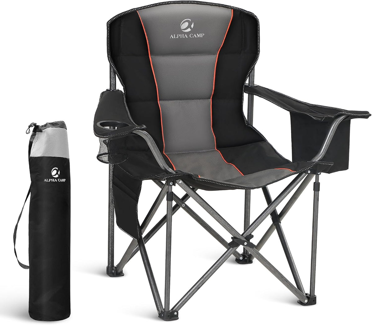 LET'S CAMP Folding Camping Chair Oversized Heavy Duty Padded Outdoor Chair with Cup Holder Storage and Cooler Bag, 450 LBS Weight Capacity, Thicken 600D Oxford
