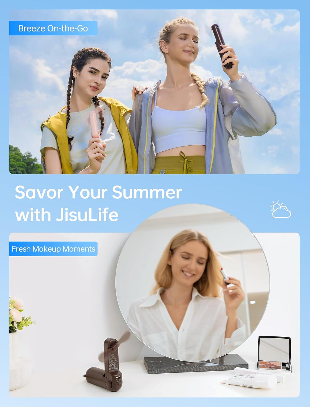 JISULIFE 3 IN 1 Portable Fan with Power Bank & Flashlight Featured | 19H Max Cooling, USB Rechargeable, Pocket-Sized Handheld Fan for Travel, Cruise, Concerts, Makeup, Summer Gifts for Women