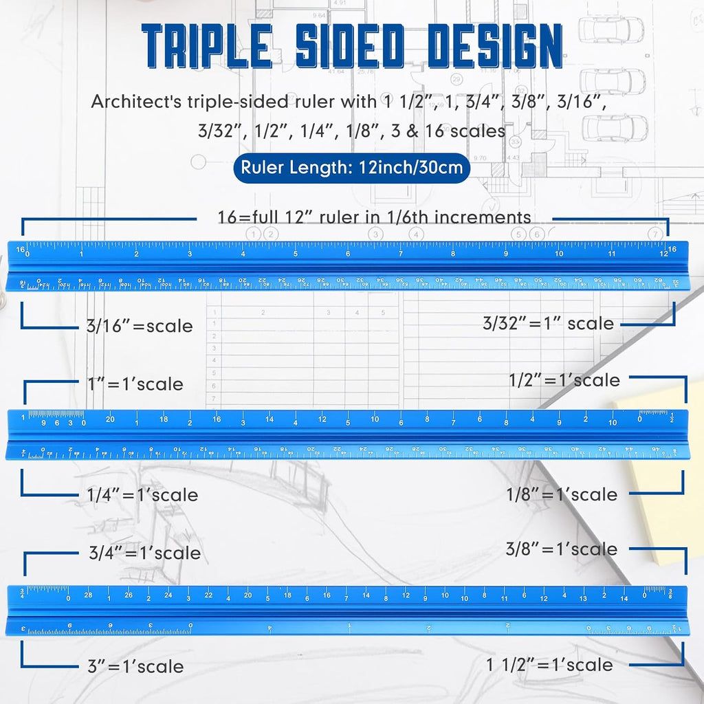 Macarrie 10 Pcs Architectural Scale Ruler 12" Engineers Scale Set, Blue