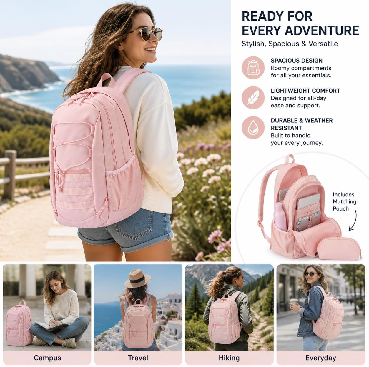 Hiking Travel Backpacks Men and Women, Lightweight Waterproof Laptop Backpack Outdoor Camping Backpack Hiking Daypack for Travel, Trekking, Work 26L (Pink)