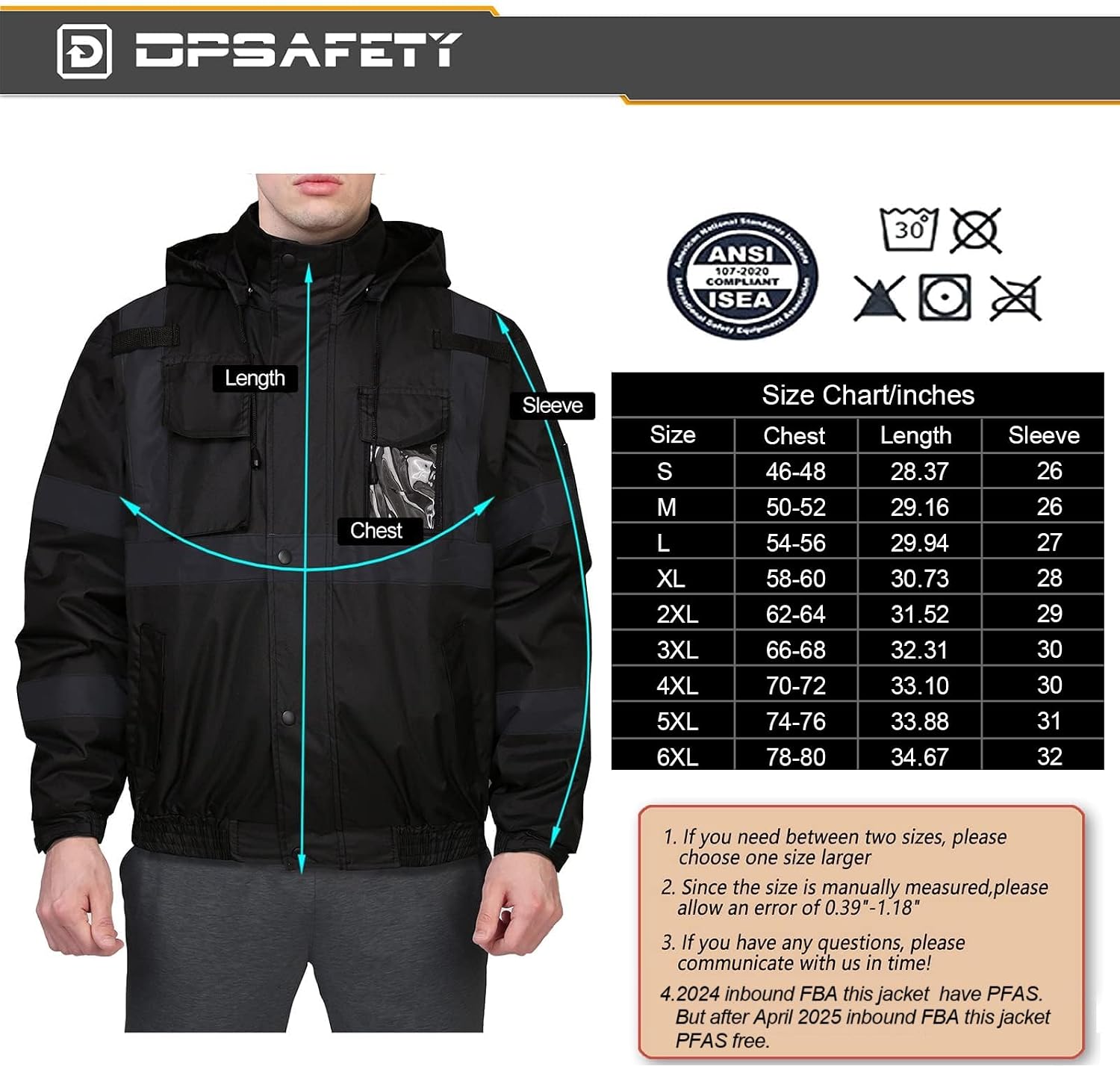 Safety jacket for men,Reflective high Visibility Hooded jacket,Hi-Vis Bomber Jacket with Pockets and Zipper,Waterproof,Black Bottom,ANSI/ISEA 107-2020 Type R Class 3,Black