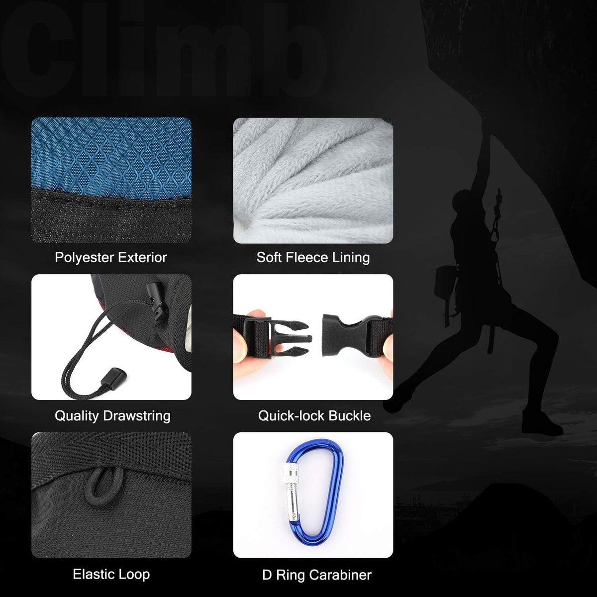 Rhino Valley Climbing Chalk Bag, No Leak Drawstring Chalk Bag with Adjustable Belt, Carabiner Clip and Zippered Pockets Chalk Bag for Rock Climbing, Cross Fit, Weight Lifting & More