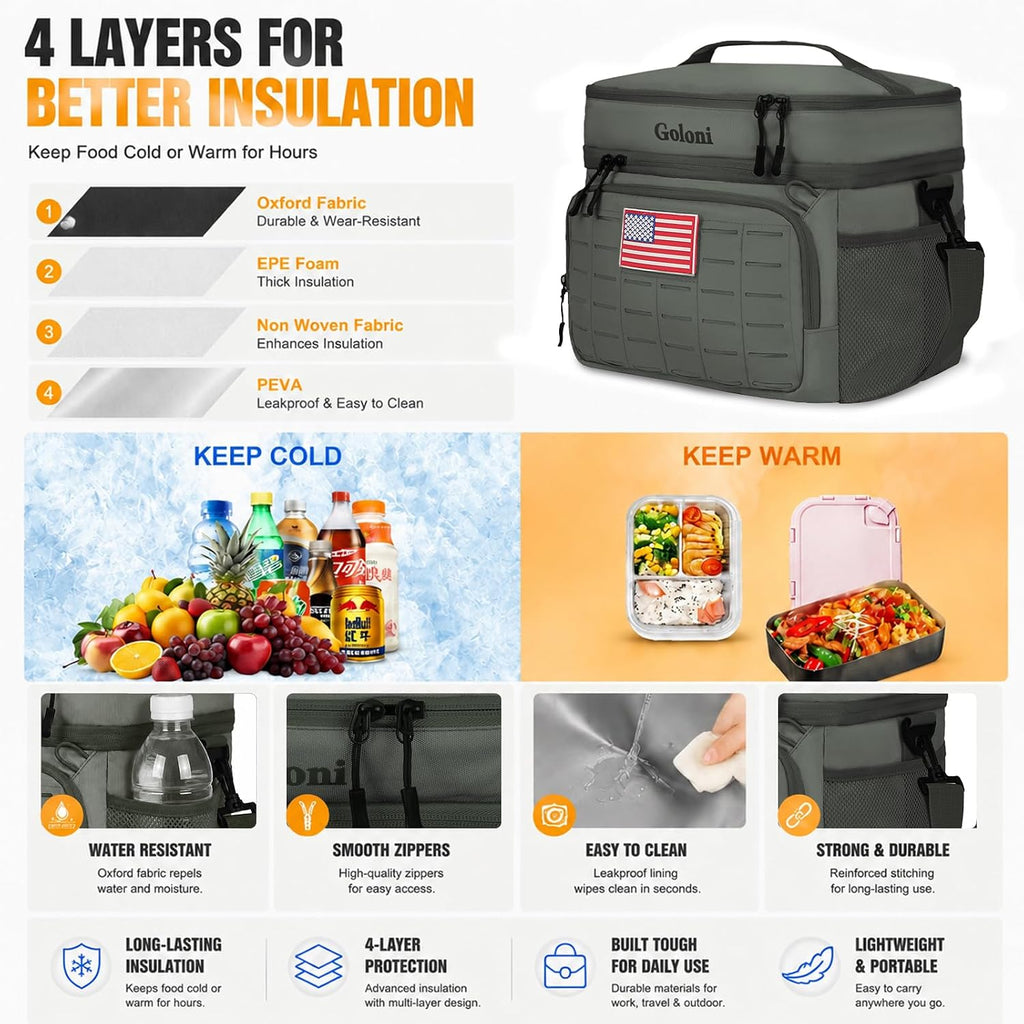 Goloni Lunch Box for Men & Women, Small Cooler Soft Thermal Leakproof Bag with Shoulder Strap, Multi-Pockets for Picnic, Beach, Camping