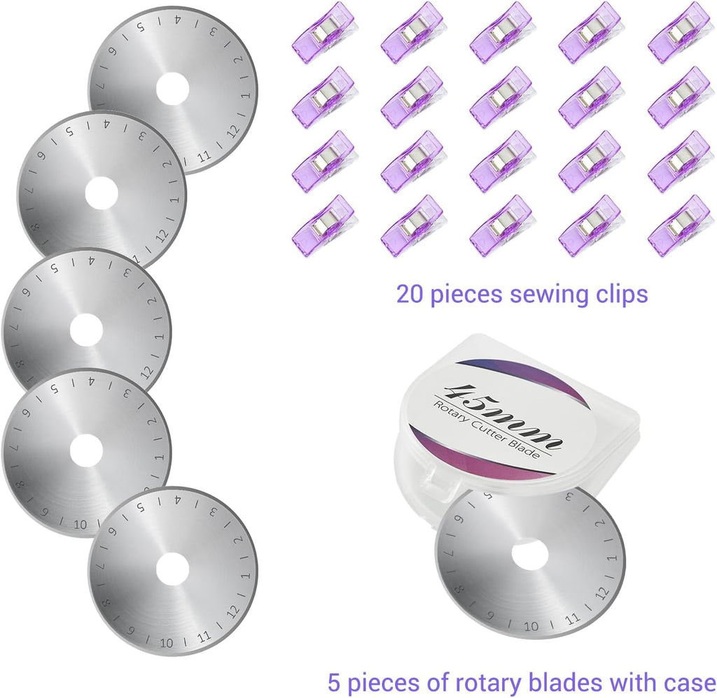 Headley Tools Rotary Cutter Set - 45mm Fabric Cutter, 5 Extra Rotary Blades, A3 Cutting Mat, Quilting Ruler and Sewing Clips, Craft Knife Set, Ideal for Crafting, Sewing, Patchworking, Purple