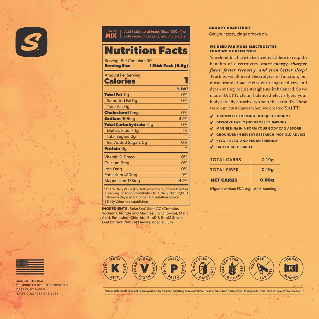 SALTT Electrolyte Packets - Groovy Grapefruit (30 Sticks) - Zero Sugar