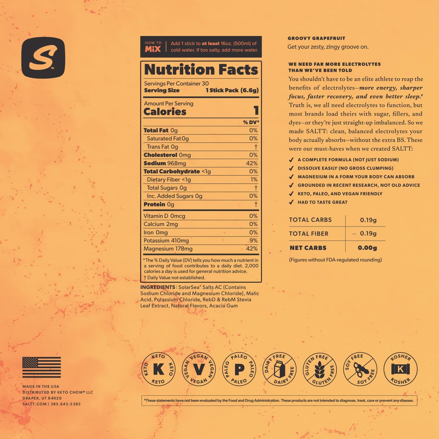 SALTT Electrolyte Packets - Groovy Grapefruit (30 Sticks) - Zero Sugar