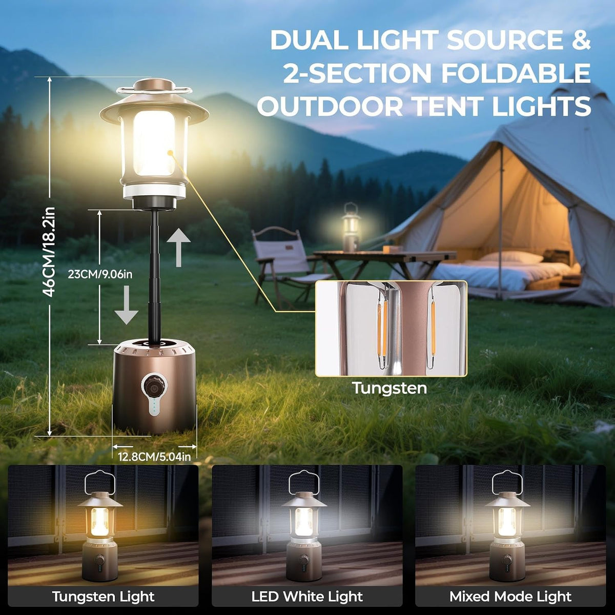 Rechargeable Camping Lantern, 8000mAh Telescopic Camping Light - 3 Light Modes, Adjustable Brightness & Height, Up to 80hrs Lasting - Vintage Lantern for Camping & Hiking (Copper)