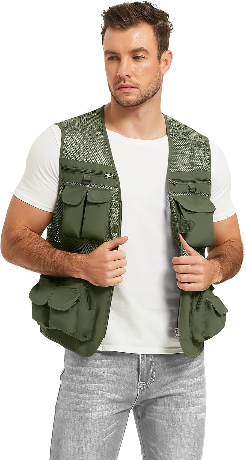 Flygo Men's Fishing Vest Utility Lightweight Outdoor Travel Safari Photo Cargo Vest with 16 Pockets
