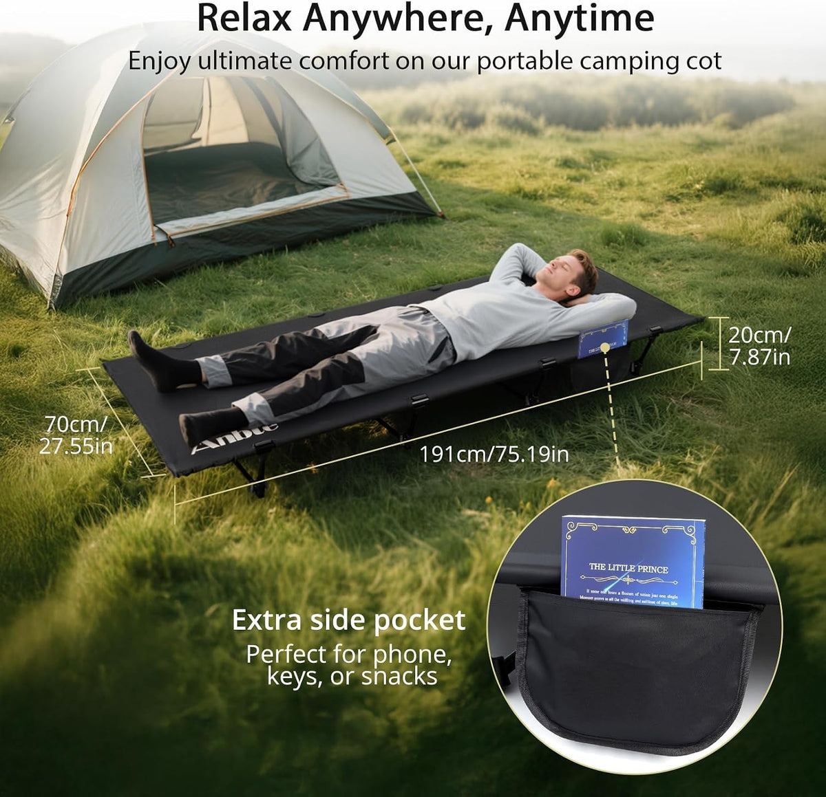 Anbte Ultralight Folding Camping Cot, Comfortable Portable Camping Cot Supports 275 lbs with Storage Bag & Side Pocket, Lightweight Folding Bed for Outdoor Travel Tent Indoor Emergency Bed, Black
