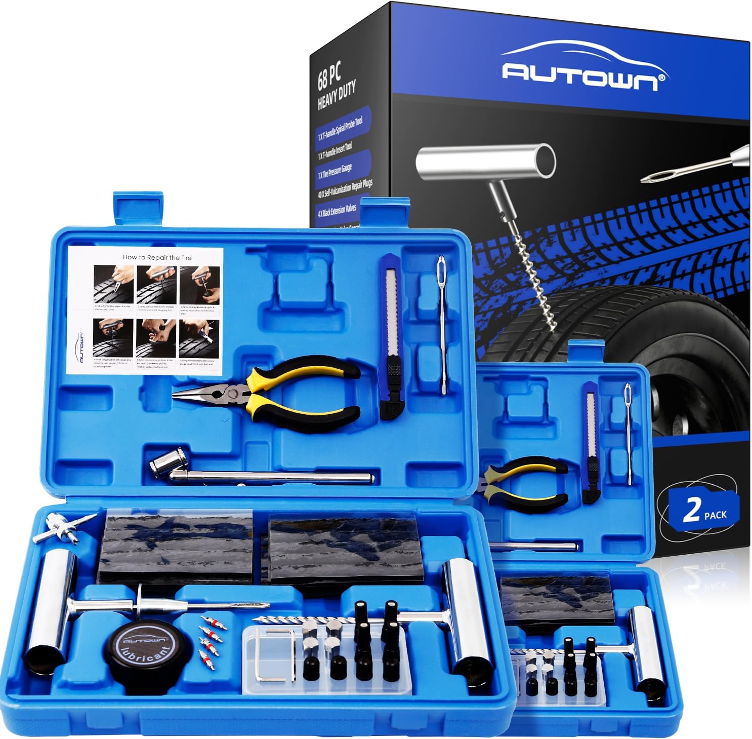 AUTOWN Flat Tire Repair Kit 68pcs 2-Pack, Tire Plug Kit to Fix Punctures