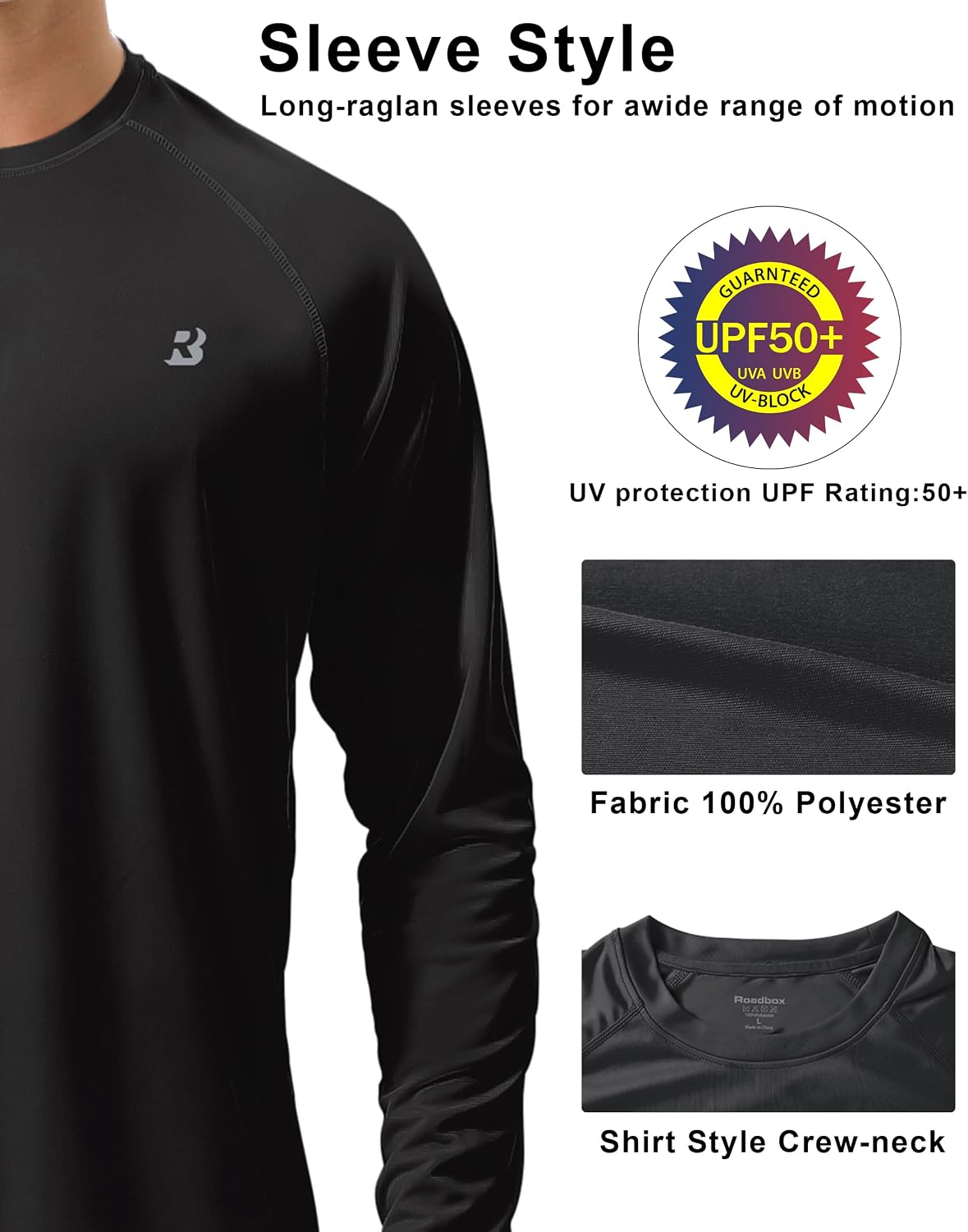 Roadbox Mens UPF 50+ UV Sun Protection Shirts Outdoor Long Sleeve SPF Rash Guard for Fishing Hiking Swimming Running