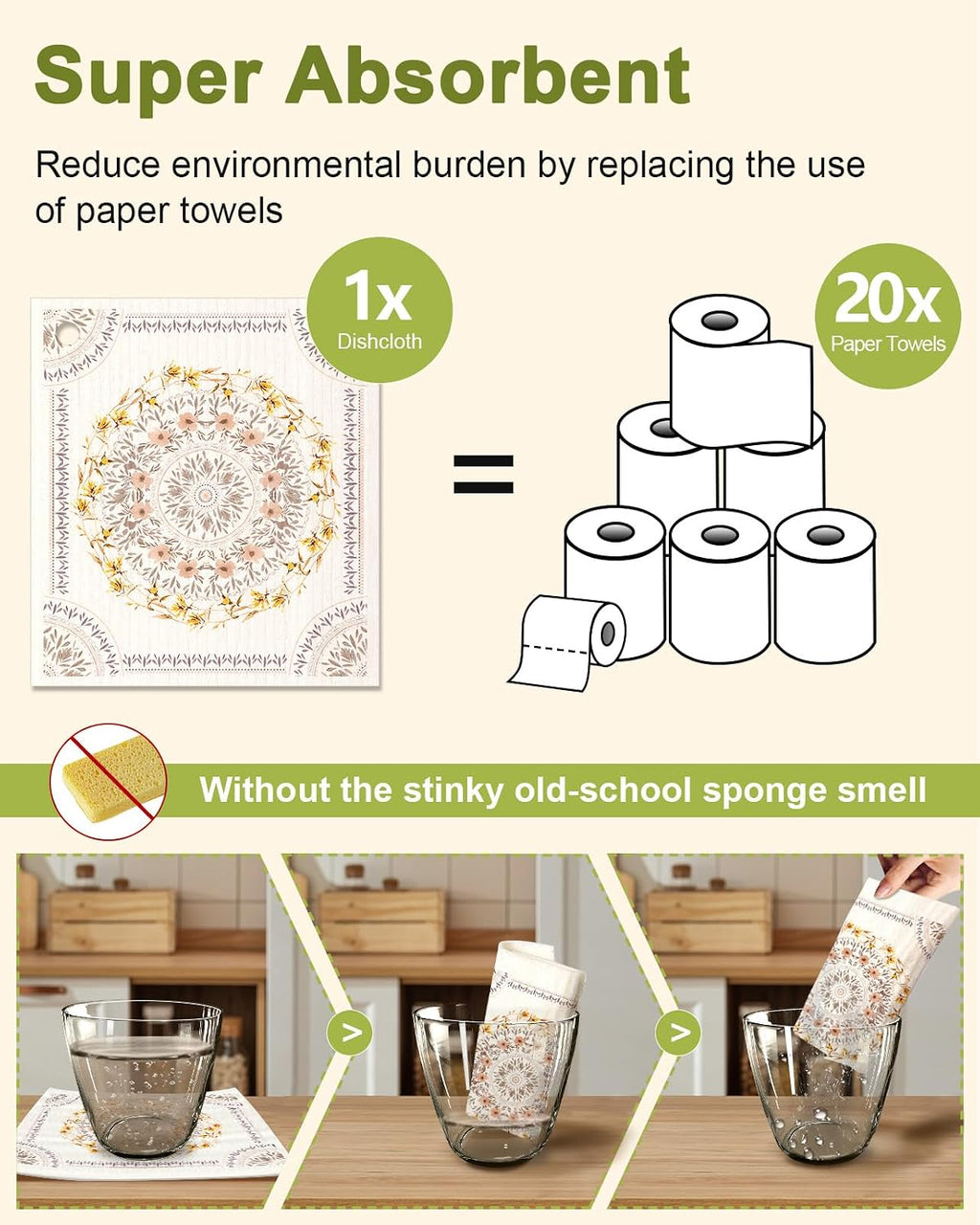 Miss Adola 6 Pack Swedish Dishcloths for Kitchen - Reusable Dish Cloths for Washing Dishes Absorbent Cute Funny Kitchen Towels Cleaning Sponge, Bohemi