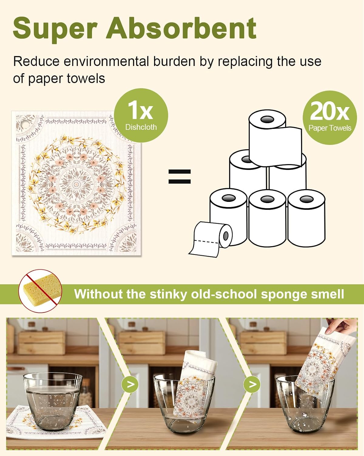 Miss Adola 6 Pack Swedish Dishcloths for Kitchen - Reusable Dish Cloths for Washing Dishes Absorbent Cute Funny Kitchen Towels Cleaning Sponge, Bohemi