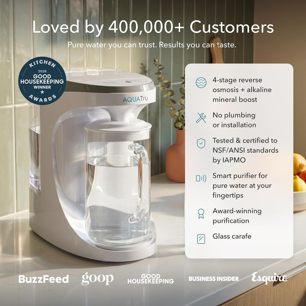AquaTru Glass Carafe Smart Alkaline Countertop RO Purifier | WiFi Connected 4 Stage RO System | Removes 84 Contaminants Including PFOA & PFOS (PFAS), Lead and Microplastics | Adds Minerals