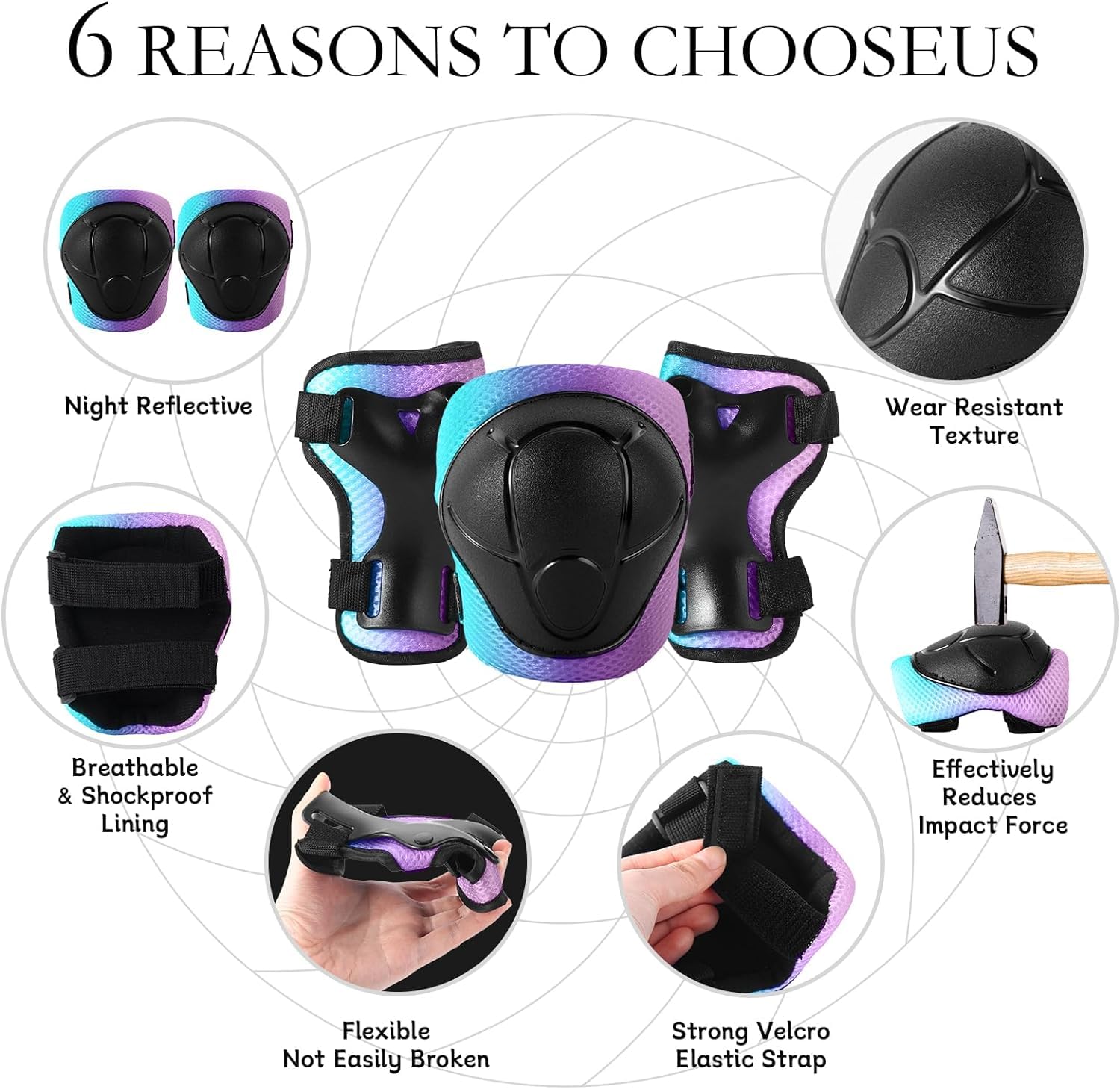 Gradient Color Kids Protective Gear Set Knee Pads for Kid 2-14 Years,W/ Adjustable Strap Kids/Youth Knee Pads Elbow Pads Wrist Guards Set for Inline Roller Skates,Cycling,BMX Bike,Skateboard,Scooter
