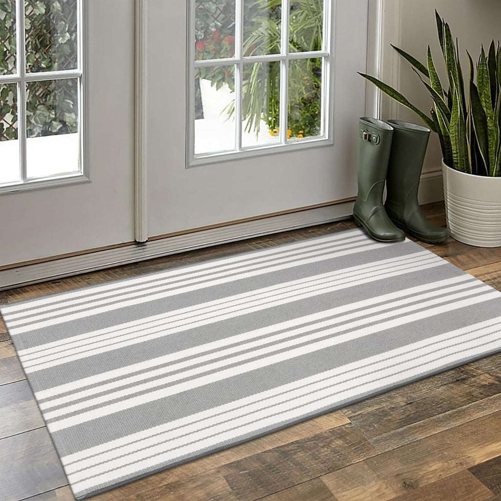 OJIA Front Door Rug 24"x51" Gray and White Striped Outdoor Rug Porch Decor