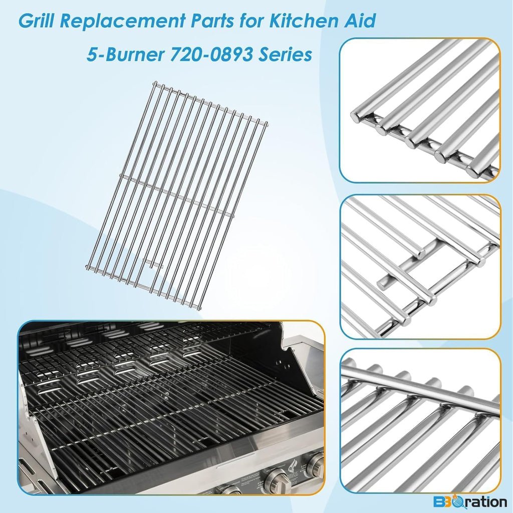 Replacement Kit for Kitchen Aid 720-0893 720-0893A 720-0893D 720-0893G, 7MM Stainless Steel Cooking Grates, Burners and Heat Plates for Kitchenaid Grill Replacement Parts 5-Burner Gas Grill