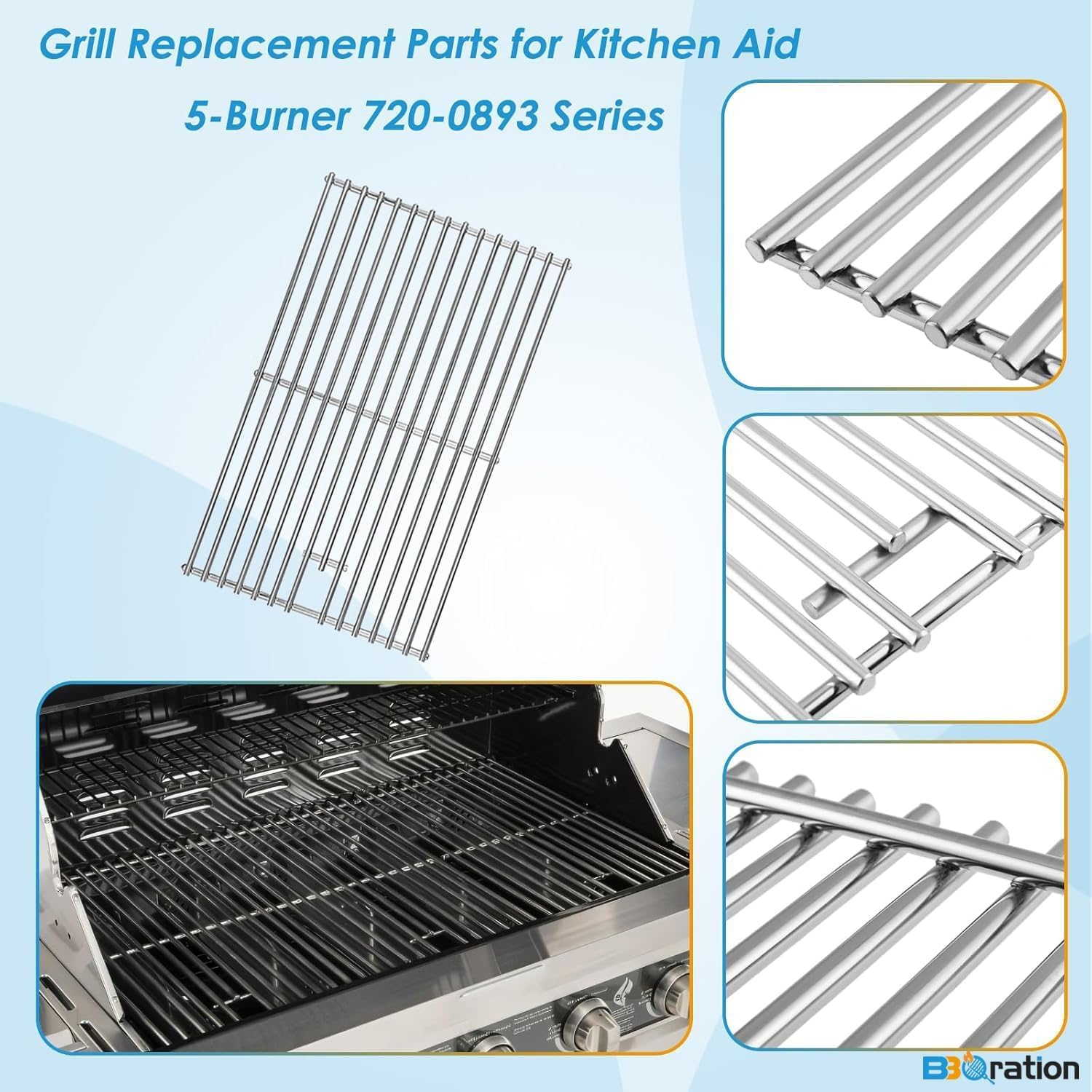 Replacement Kit for Kitchen Aid 720-0893 720-0893A 720-0893D 720-0893G, 7MM Stainless Steel Cooking Grates, Burners and Heat Plates for Kitchenaid Grill Replacement Parts 5-Burner Gas Grill