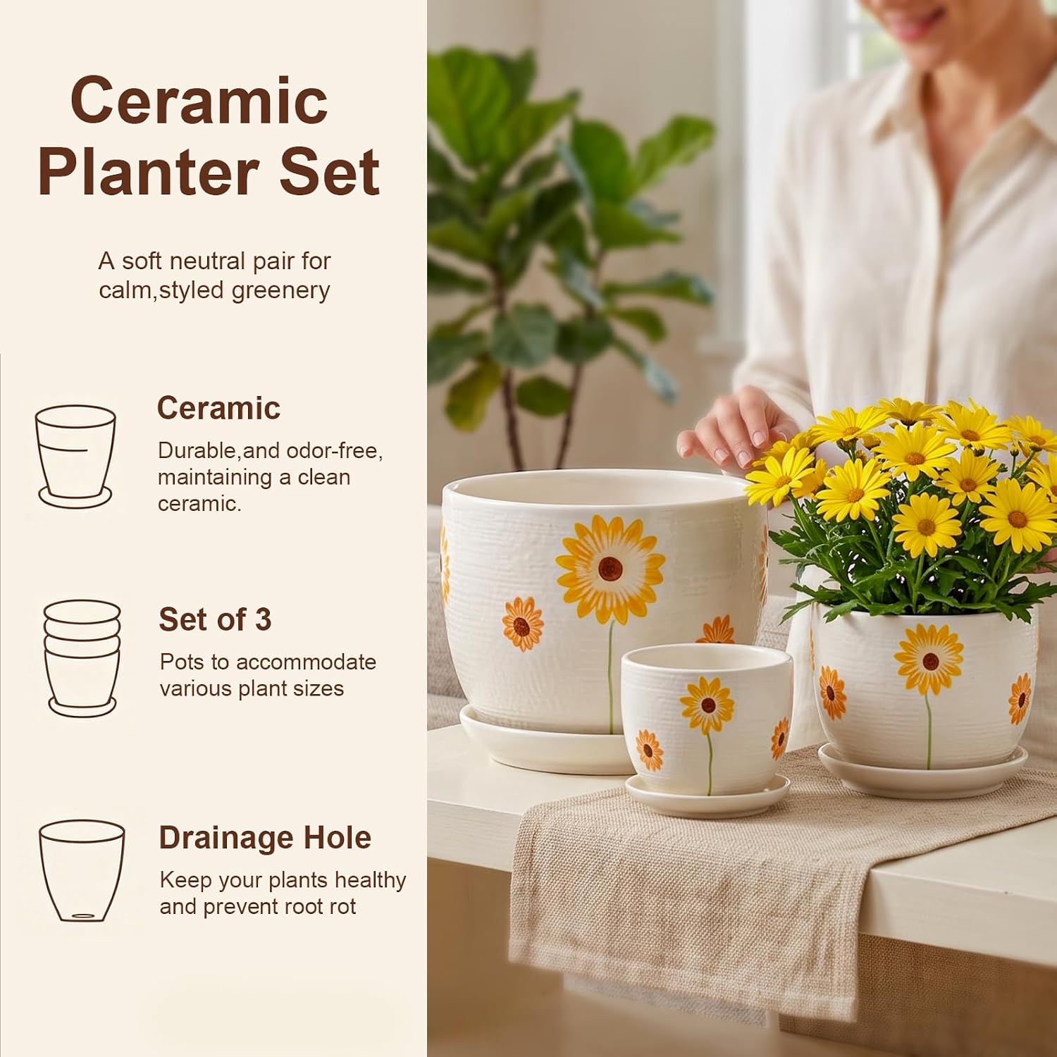 Ceramic Plant Pots,Sunflower Planters with Drainage Holes & Matching Saucer