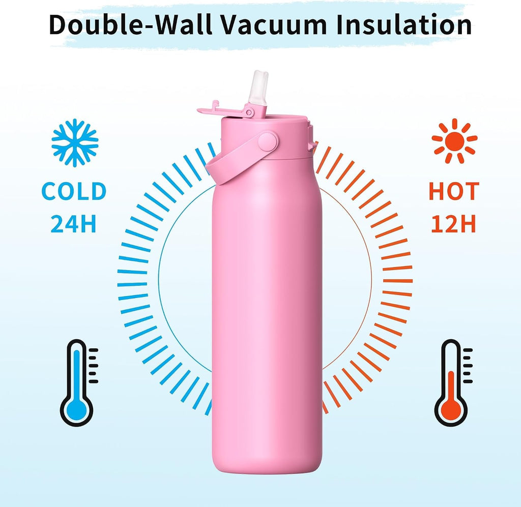 LISI 30oz Insulated Water Bottle, Double Wall Stainless Steel Water Bottles with Straw, 100% Leak-Proof Travel Thermal Canteen Mug with 2 Lids (Straw, Phone Holder Lid)