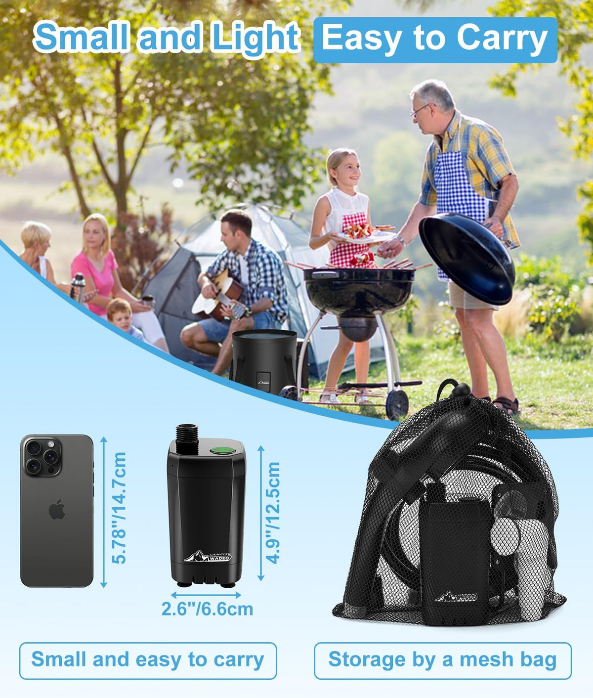 WADEO Portable Shower for Camping, Outdoor Electric Shower Rechargeable Pump with 20L Collapsible Bucket, Camping Shower Head Nozzle for Camping, Hiking, Traveling, Washing