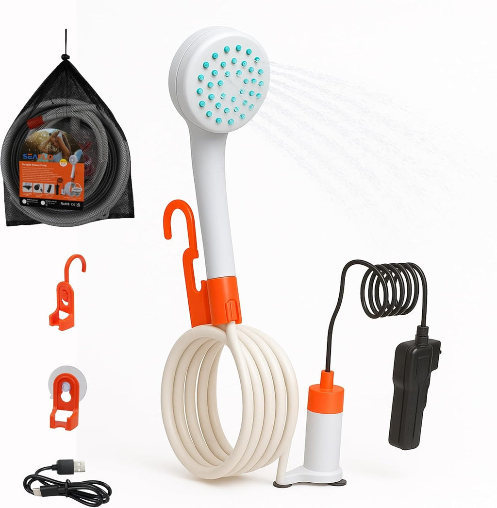 SEAFLO Portable Camping/Outdoor Shower, Rechargeable Battery, 2.64 Gallons Per Min, 40-Minute Runtime Outdoor Camping Pet Washing, Type-C Charging, 80" Hose (with or Without 2.6 Gallon Bucket)