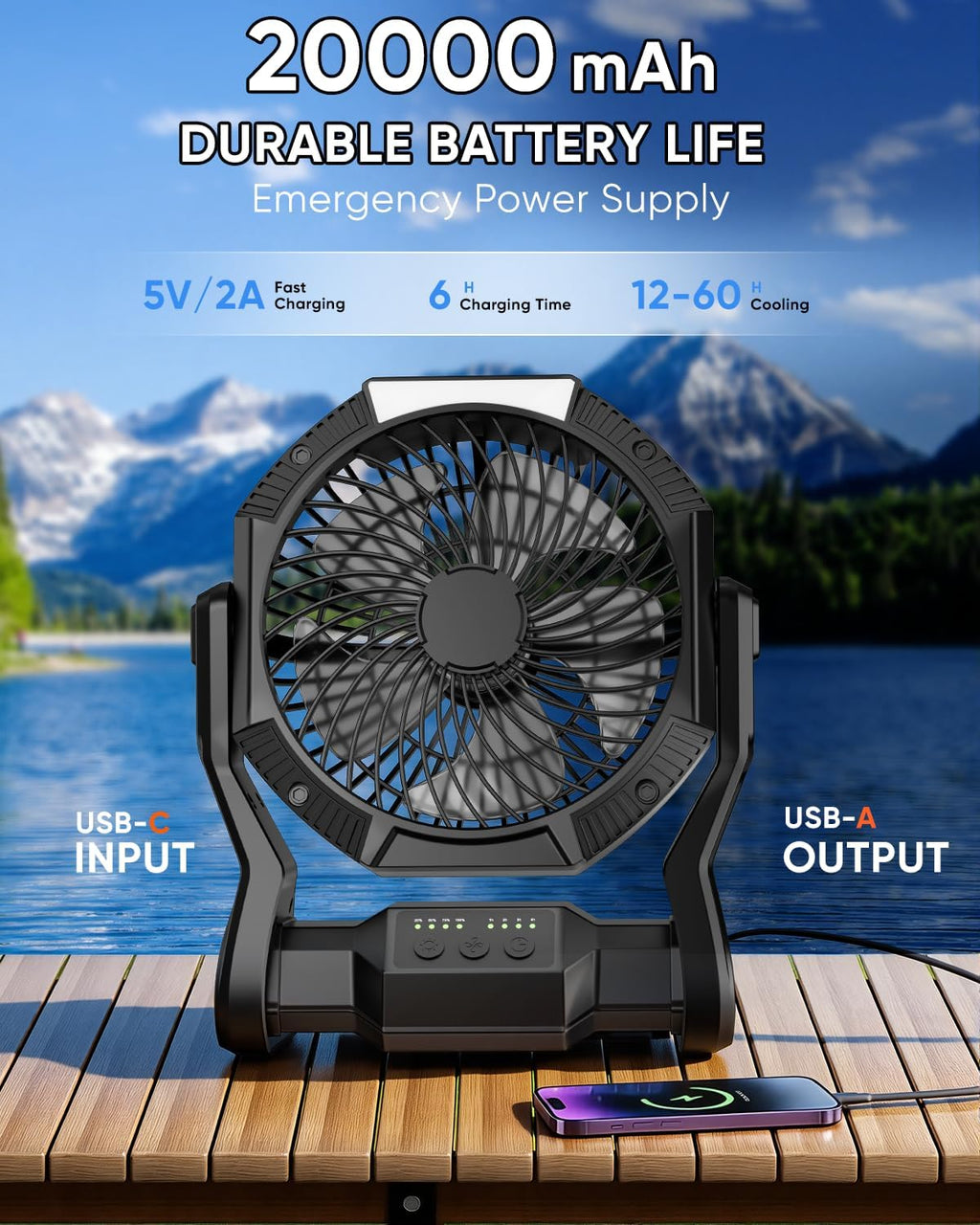 Portable Rechargeable Fan, 20000mAh Battery Powered Camping Fan with LED Light & Hook, 270° Adjustable, 4-Speed, 4H Timer Camping Essentials for Outdoor Tent Travel BBQ Car, Gifts for Men Dad