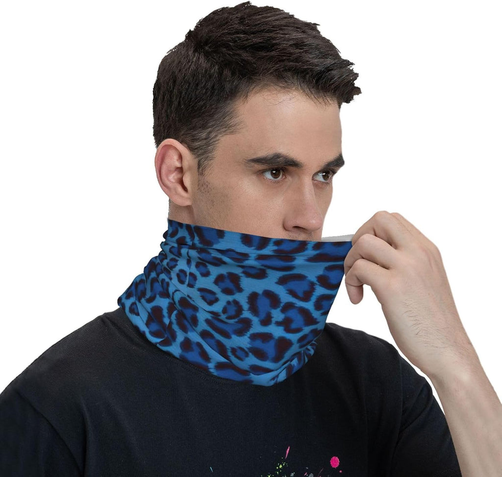 Neck Gaiter Blue Polyester Leopard Print Seamless Breathable Face Mask for Outdoor Sports, Unisex