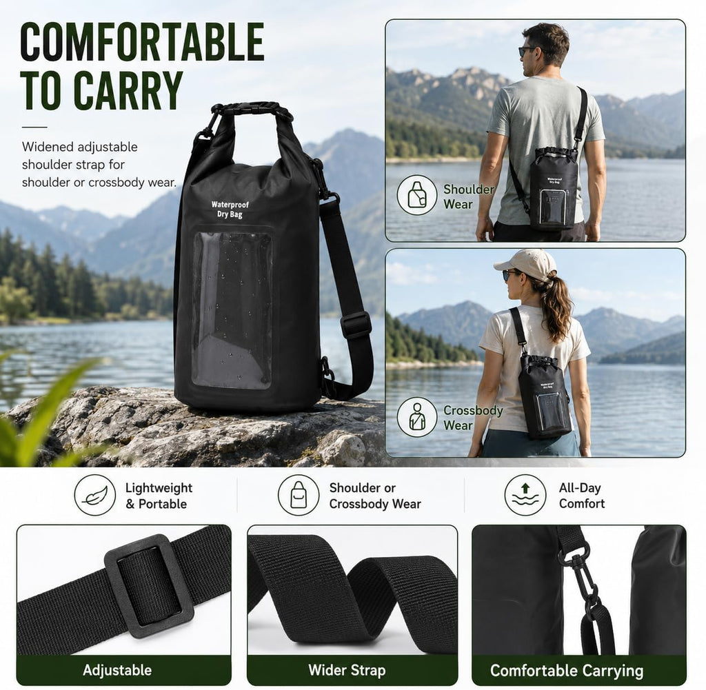 3L IPX8 Waterproof Dry Bag Backpack with Touchscreen Phone Pouch, Black