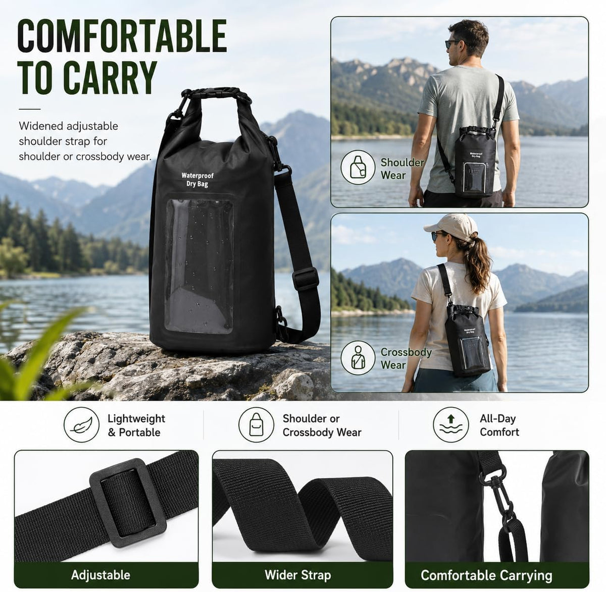 3L IPX8 Waterproof Dry Bag Backpack with Touchscreen Phone Pouch, Black