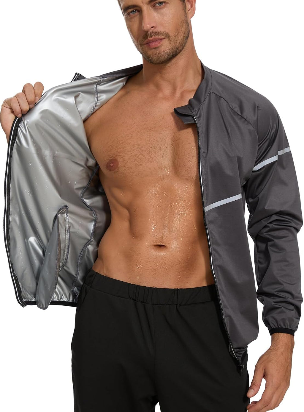 NINGMI Sauna Suit for Men Sweat Jacket Long Sleeve Shirt Zipper Workout Body Shaper Top Slimming Fitness Gym