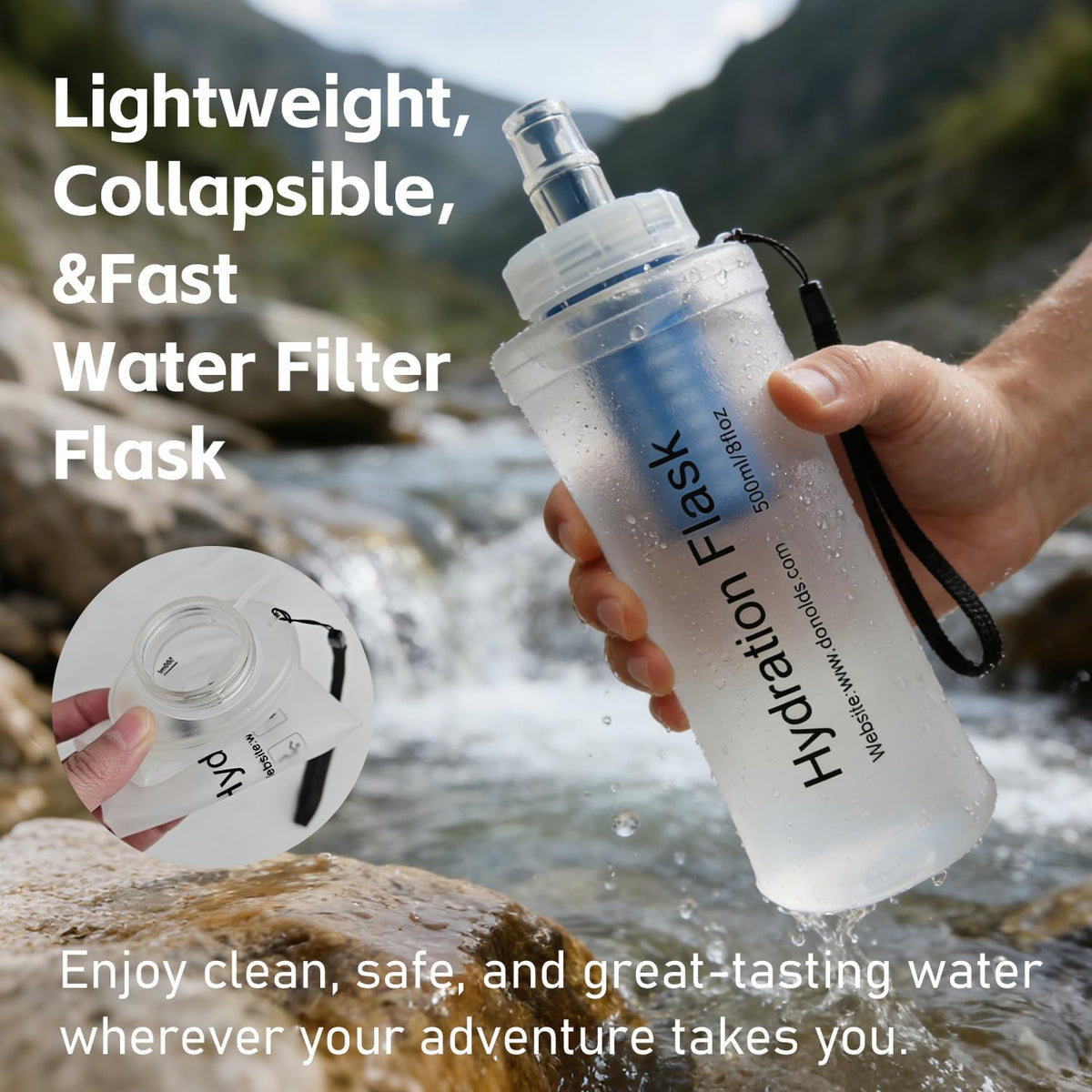 AXEN Collapsible Water Bottle with Filter for Hiking Travel, 1000ml Clear